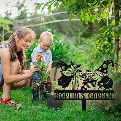 Personalized Metal Gnome Garden Signs with Stake, Custom Garden Signs for Outside Waterproof, Customized Name Sign Yard Lawn Gardens Decor Gardening Gifts for Moms Grandmas Gardeners