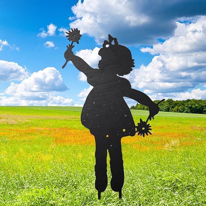 Iron Children Chasing Butterfly Statues Rustic Kids Silhouette Garden Yard Stakes Art Patio Porch Lawn Ornaments (2pcs Girls B)