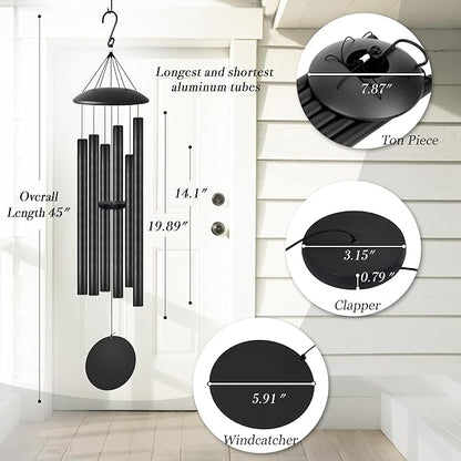 45" Extra Large Wind Chimes with Outside Deep Tone, 6 Thick and Bold Aluminum Tubes, Coolest Metal Windchimes Outdoors with Pine Wood Striker, Unique Gift for Mom, Garden Decoration(Black)