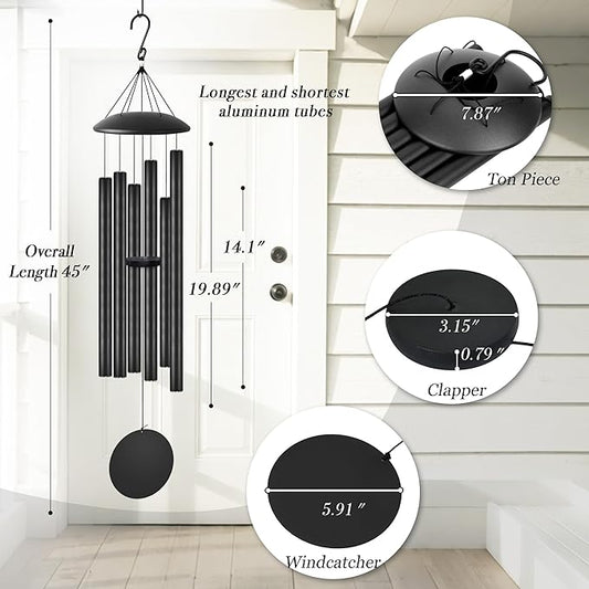 45" Extra Large Wind Chimes with Outside Deep Tone, 6 Thick and Bold Aluminum Tubes, Coolest Metal Windchimes Outdoors with Pine Wood Striker, Unique Gift for Mom, Garden Decoration(Black)
