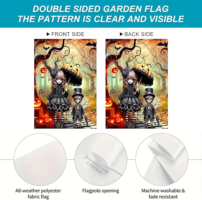 BlissYard Halloween Horror Garden Flag 12x18 Inch Gothic Doll Pumpkin Umbrella Skull Boy Flag Outdoor Yard Decoration House Banner Porch Lawn Patio Home Decor