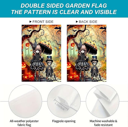 BlissYard Halloween Horror Garden Flag 12x18 Inch Gothic Doll Pumpkin Umbrella Skull Boy Flag Outdoor Yard Decoration House Banner Porch Lawn Patio Home Decor