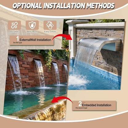 Curved-Mouth Waterfall Pool Fountain, Stainless Steel Waterfall Spillway with Pipe Connector Kits for Outdoor Decorative, 35.4 Inches Pool Water Feature for Garden Patio, Without Cover Plate