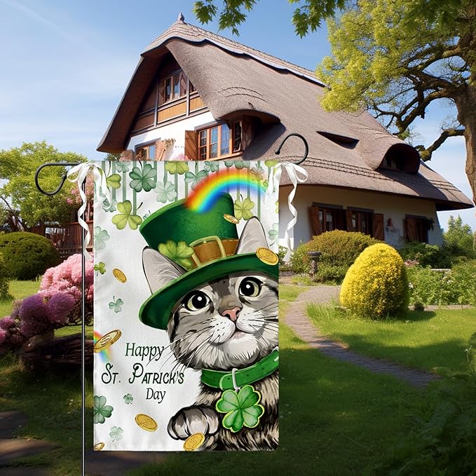Happy St Patrick's Day Garden Flag Cat with Green Hat Shamrock Yard Flag Shamrock Clover Rainbow Burlap Garden Flags for Irish Spring Farmhouse Patrick Holiday Outdoor Double Sided 12x18 Inch