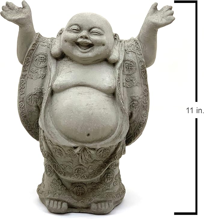 Super Happy Buddha Statue: Solid Durable Stone Statue w/Distressed Texture. Perfect Home Design & Sealed for Outdoor Use. Handcrafted USA. (Antique/Gray)