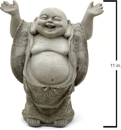 Super Happy Buddha Statue: Solid Durable Stone Statue w/Distressed Texture. Perfect Home Design & Sealed for Outdoor Use. Handcrafted USA. (Antique/Gray)