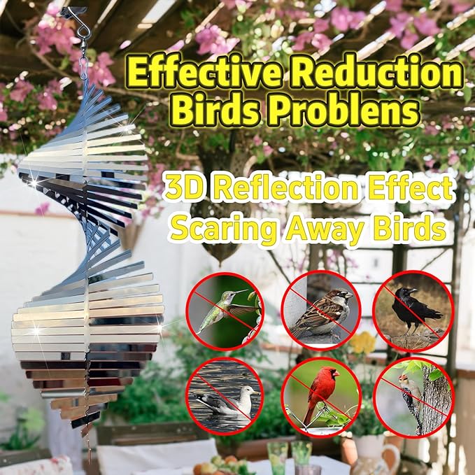 Hanging Wind Spinners,3D Spiral Highly Reflective Stainless Steel Metal Wind Spinner Outdoor Garden Decor,Bird Devices Deterrent to Scare Away Yard Birds12in 2Pcs