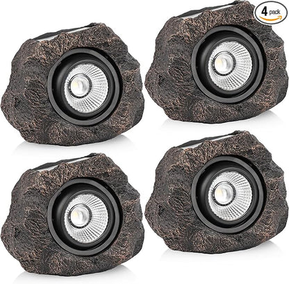 Solar Rock Lights Outdoor – 4 Pack Waterproof LED Landscape Garden Spotlights, Realistic Stone Design, Wireless Solar Powered Pathway Lights for Yard, Walkway, Patio & Lawn Decoration (Auto On/Off)
