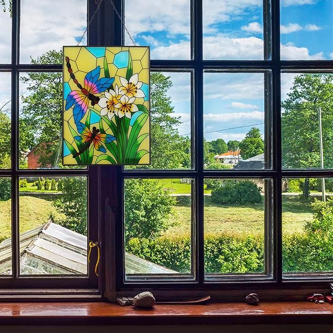 Stained Glass Window Hanging, Dragonfly Glass Art Decor, Sun Catchers Indoor Window, Valentine Rectangle Suncatchers for Windows Hanging, Stained Suncatcher for Room Balcony Garden Patio