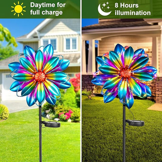 Flower Solar Wind Spinners - 61'' Metal Colorful Spinning Windmill Garden Ligths with LED Outdoor Decorative Stake Lighting Waterproof Flower Sculpture for Patio Yard