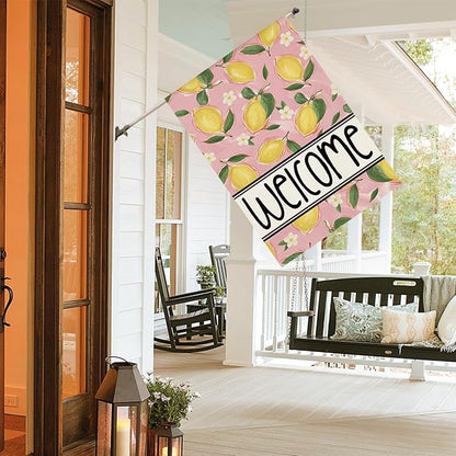AVOIN colorlife Summer Lemon House Flag 28x40 Inch Double Sided Outside, Pink Welcome Seasonal Yard Outdoor Flag