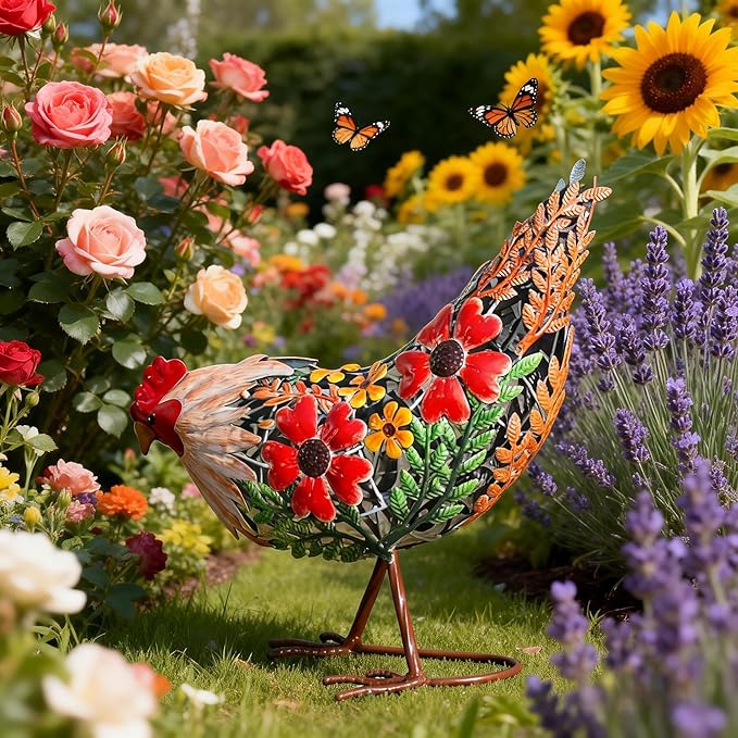 Natelf Hen Decor Metal Rooster Statue Chicken Outdoor Garden Decoration Hollow Out Design Yard Art Lawn Patio Home Sculpture