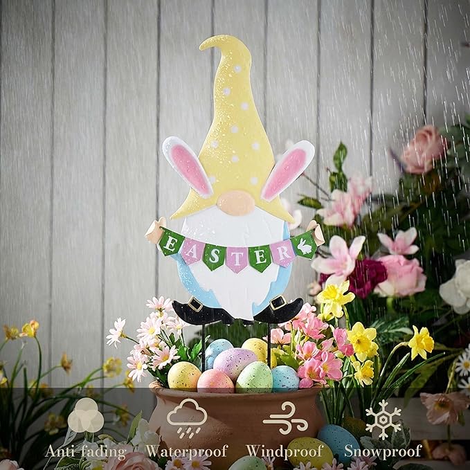 TERESA'S COLLECTIONS Easter Decorations Outdoor for Home, Metal Easter Gnomes Decor Yard Stakes, Pink & Blue Egg Rabbit Garden Stakes Gifts, Welcome Yard Signs for Outside Lawn Porch Patio, 27"