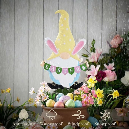 TERESA'S COLLECTIONS Easter Decorations Outdoor for Home, Metal Easter Gnomes Decor Yard Stakes, Pink & Blue Egg Rabbit Garden Stakes Gifts, Welcome Yard Signs for Outside Lawn Porch Patio, 27"