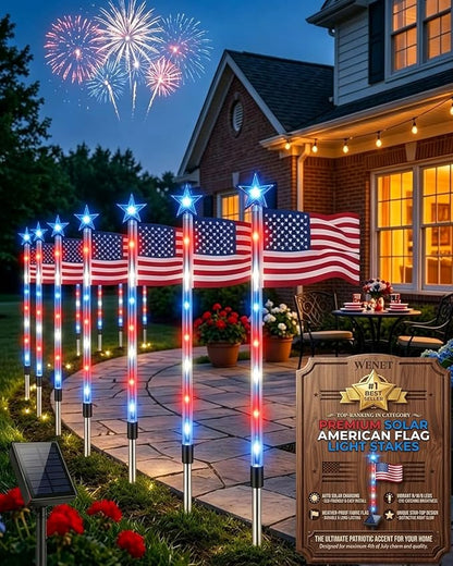 8 Piece Solar American Flag Pathway Lights, 8 Modes Waterproof Patriotic Stake Lights Outdoor for 250th Anniversary, Red White Blue LED Decorative Lighting for 4th of July Garden Yard Decor(16PCS)