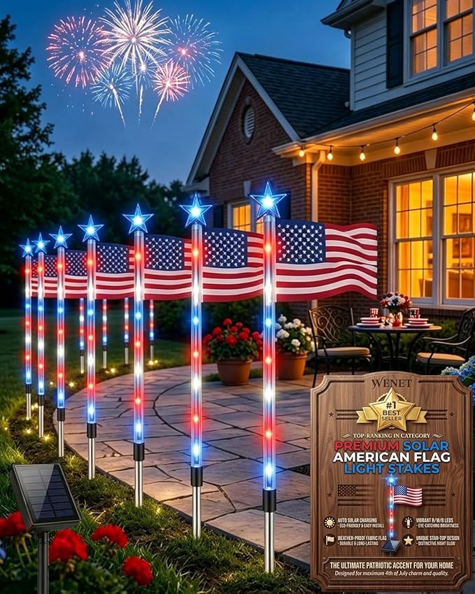8 Piece Solar American Flag Pathway Lights, 8 Modes Waterproof Patriotic Stake Lights Outdoor for 250th Anniversary, Red White Blue LED Decorative Lighting for 4th of July Garden Yard Decor(8PCS)