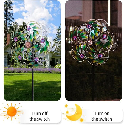 Solar Wind Spinner Metal Garden Decor, Wind Spinners Outdoor Clearance, Multi Color Changing LED Solar Powered Glass Ball Kinetic Wind Sculptures Windmills for Yard Patio Outdoor Decoration