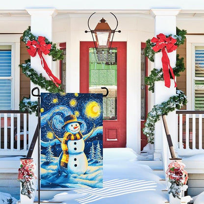 Winter Garden Flag Santa Snowman Yard Flags Van Gogh Yard Flags Art Starry Night Sky Moon Wall Banner Xmas Blue Pine Snowfield House Banners for Happy Holiday Farmhouse Outdoor 12 x 18 Inch