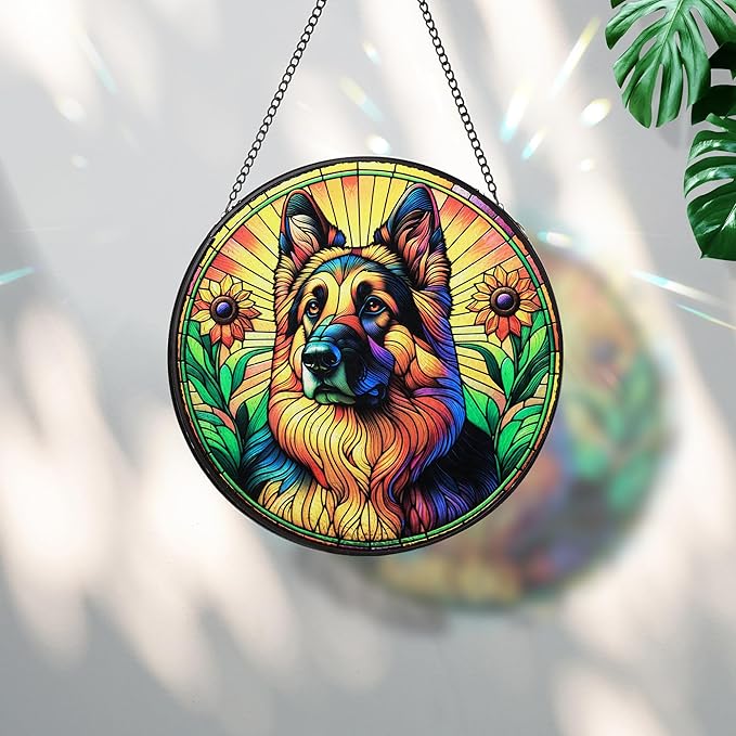 Stained Glass Dog Memorial Suncatcher,German Shepherd Window Hanging,Sympathy Gifts for Pet Loss,7.9 inch/20 cm Home and Garden Decor for Dog Lovers