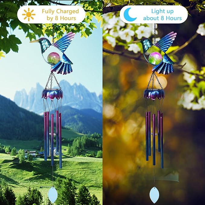 Taman Solar Wind Chime - Hummingbird Crack Glass Solar Light for Outside Waterproof Aluminum Tubes Decorative Memorial Gift, for Home, Outdoor, Yard, Patio,Garden Decor
