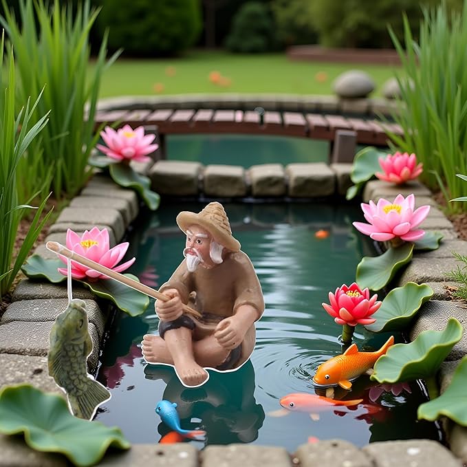 Miniature Fisherman Figurines,Fishing Old Man Ornament Chinese Mudman Sitting Garden Statue Ornament, Outdoor Statues, Garden Sculptures and Statues, Outdoor Décor