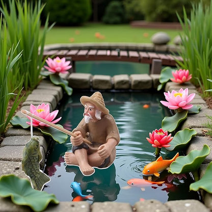 Miniature Fisherman Figurines,Fishing Old Man Ornament Chinese Mudman Sitting Garden Statue Ornament, Outdoor Statues, Garden Sculptures and Statues, Outdoor Décor