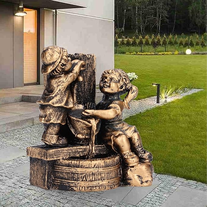 Pwshymi Little Boy Girl Playing Water Statue Standing Sculpture Fountains Outdoor Water Fountains Garden Fountains Outdoor Ornament for Home Decoration Art