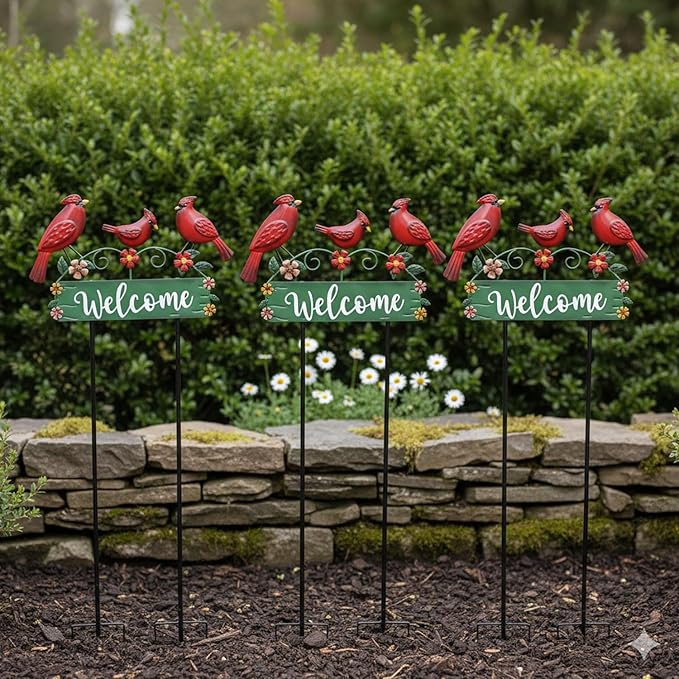 42.5inch Cardinal Garden Stake with Welcome Yard Sign and Metal Flowers for Outdoor Garden Decor, Cardinal Yard Decor for Outdoor Lawn Ornaments