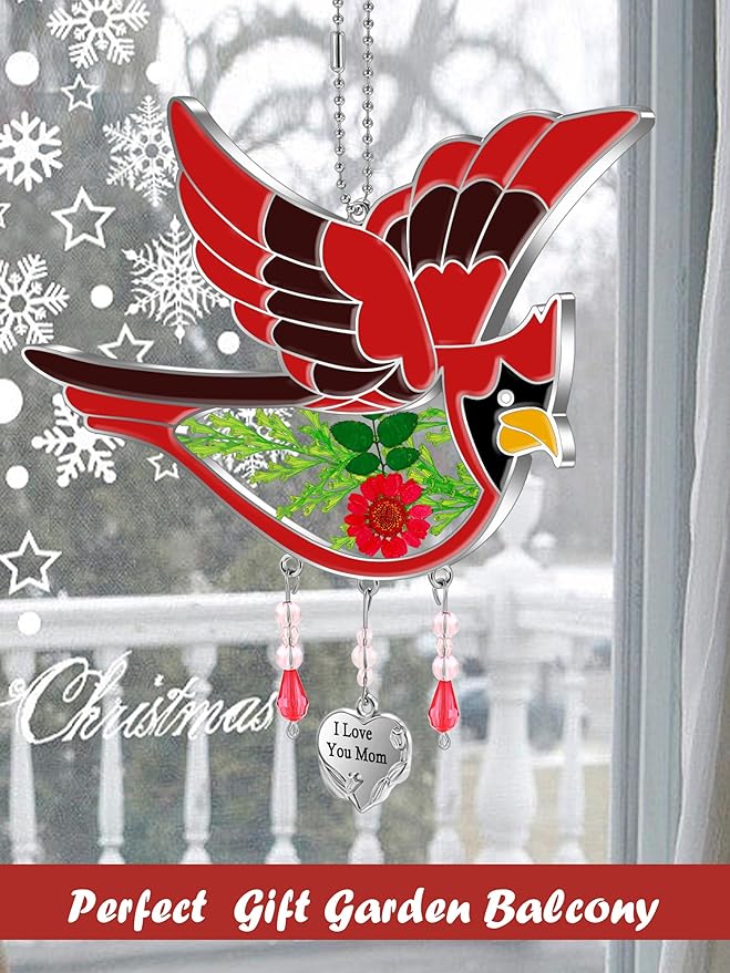 KY&BOSAM Gifts for Mom I Love You Mom Cardinal Suncatcher Stained Glass Hand Painted Color for Window Hanging Ornament Wind Chime with Real Flower and Metal Heart Charm Mothers Day Birthday Christmas
