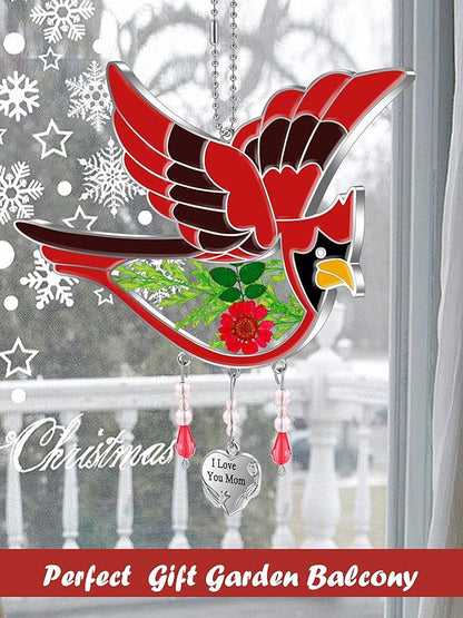 KY&BOSAM Gifts for Mom I Love You Mom Cardinal Suncatcher Stained Glass Hand Painted Color for Window Hanging Ornament Wind Chime with Real Flower and Metal Heart Charm Mothers Day Birthday Christmas