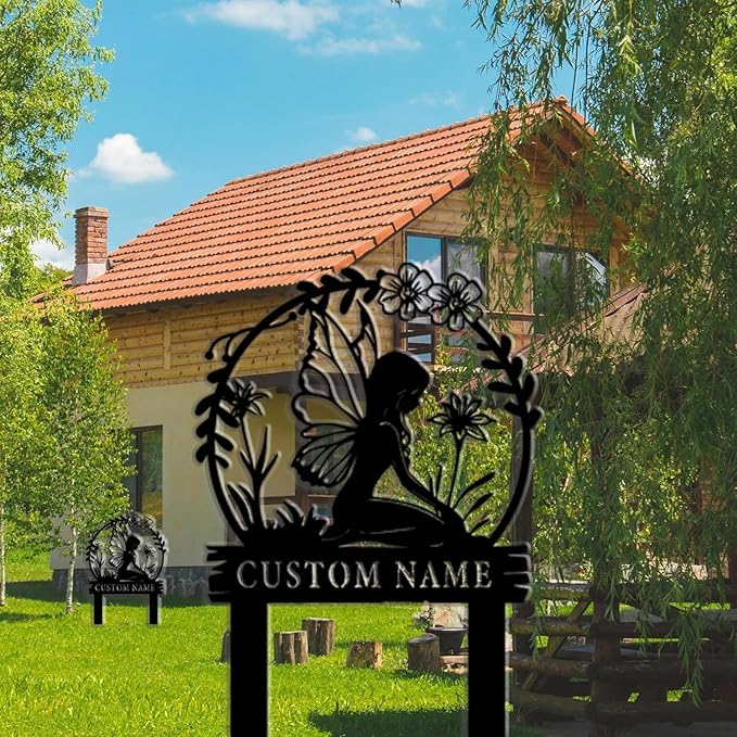 Personalized Fairy Garden Sign-Custom Iron Metal Yard Plaque with Family Name, Weather-Resistant Outdoor Decor for Lawn,Pathway,Fairy Garden