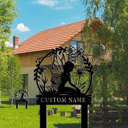 Personalized Fairy Garden Sign-Custom Iron Metal Yard Plaque with Family Name, Weather-Resistant Outdoor Decor for Lawn,Pathway,Fairy Garden