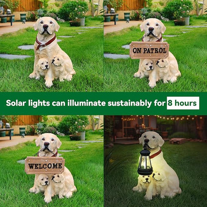 Labrador Retriever Outdoor Dog Family Statue with Reversible “Welcome/ON Patrol” Hanging Plaque and Solar Lantern, Yellow Mom with Two Puppies, Sitting Yard Greeter