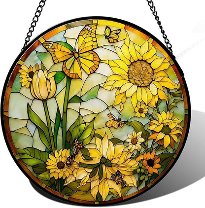 Stained Glass Window Hanging, Sunflower Floral Suncatcher for Window Doors Garden Home Decoration, Spring Colorful Glass Panel Ornaments for Women,Men,Wife, Lovers, and Mom 7.8x7.8 in