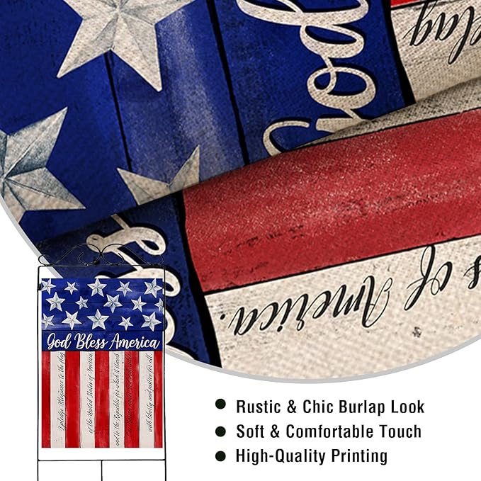 Artofy God Bless America 4th of July Home Decorative House Flag, Garden Yard American Stars Stripes Outside Decor, USA Patriotic Outdoor Large Burlap Decoration Double Sided 28 x 40