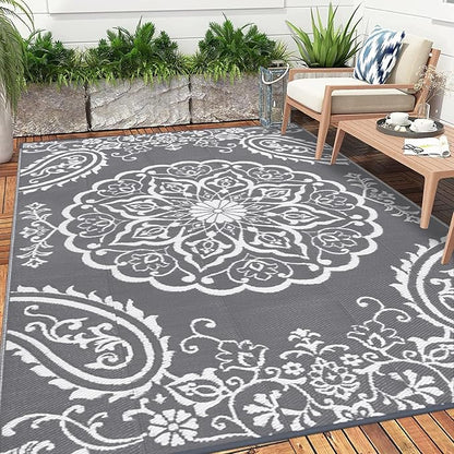Pauwer Waterproof Outdoor Rug 8x10, Reversible Plastic Straw Patio Camping Rug, Indoor Outdoor RV Mat Carpet for Deck, Camper, Porch, Balcony, Backyard, Picnic, Boho Grey