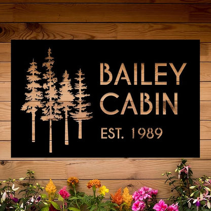 Personalized Metal Cabin Wall Art, Custom Pine Tree Metal Sign, Last Name Sign for Outdoor, Farmhouse Decor, Forest Design Family Name Sign, Mountain House Sign, Over Fireplace Art, Housewarming Gift