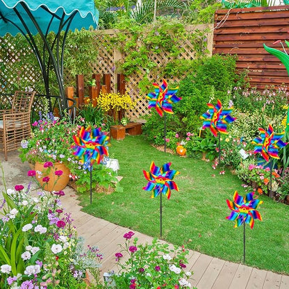 6Pcs Sparkly Pinwheels for Yard and Garden, Reflective Colorful Wind Spinners Yard Decorations Outdoor Windmill, 9.5in Garden Pinwheels to Scare Birds