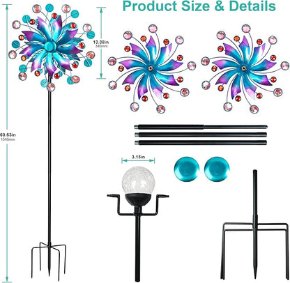 360°Solar Wind Spinner with Lights Blue Metal Garden Outdoor Decor Yard Lawn Art Decor for Patio Kinetic Windmills Unique Gifts for Friends and Family 60.63'' H x 13.38'' Dia