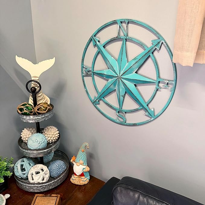 Zeckos 20.25 Inch Aqua Metal Compass Rose Wall Decor, Distressed Coastal Nautical Compass Star Round Wall Art for Entryway, Living Room, Bedroom, Hallway or Beach House