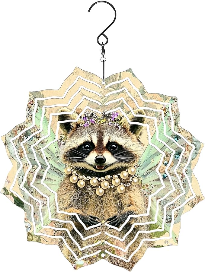 8 Inch Sublimation Wind Spinner, 3D Aluminum Metal Wind Spinner with Hook, Indoor Yard Garden Hanging Decoration, Weather Resistant Rotating Spiral Ornament, Fairy Raccoon