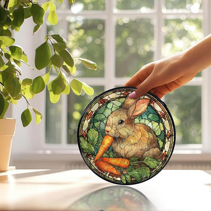 Bunny Decor, Bunny Gifts for Women, Rabbit Suncatchers Stained Glass Window Hanging, Rabbit Decor Sun Catchers Indoor Window Glass Round Wall Decor, 7.9x7.9in