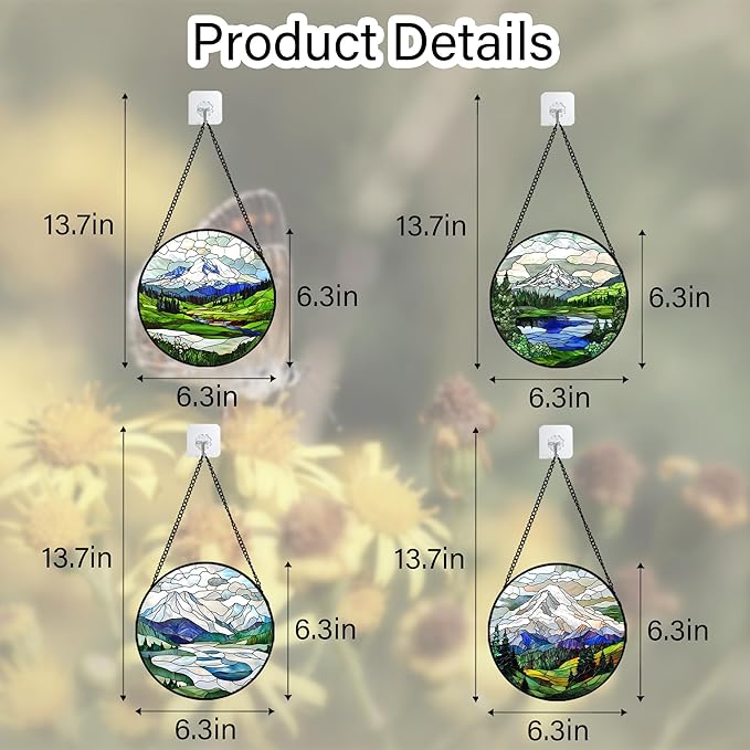 DASTOLL Stained Glass Window Hanging 4 Pcs Set Mountains Lake Green White Landscape 6.3" - Suncatcher Door Garden Sun Catcher Decor Birthday Christmas for Mom Woman Nana Men