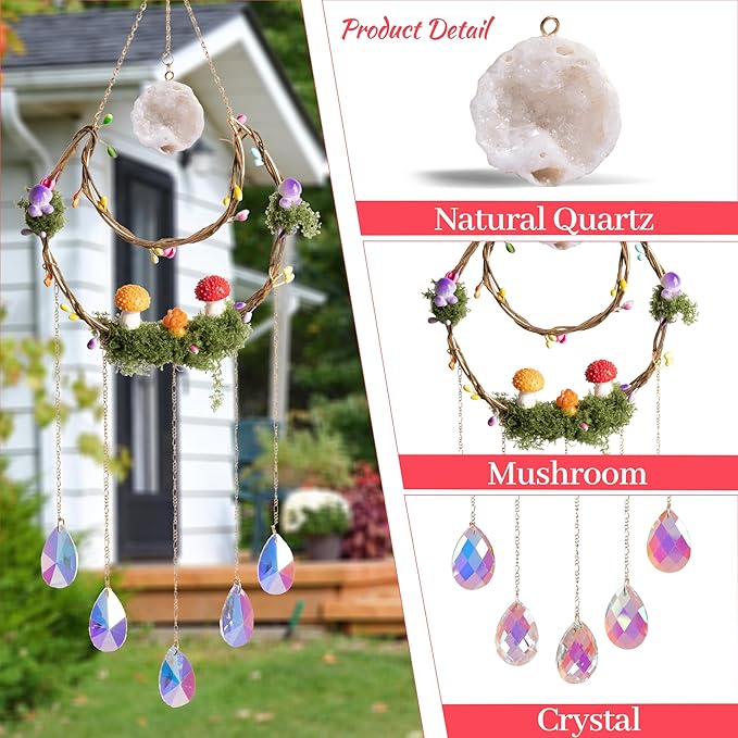 Mushroom Sun Catcher for Window Garden Decor - Mushroom Home Decor Piece with Healing Amethyst Metal Crystal Hanging Indoor Suncatcher Outdoor Wall Rainbow Maker Perfect Handmade Ornaments for House