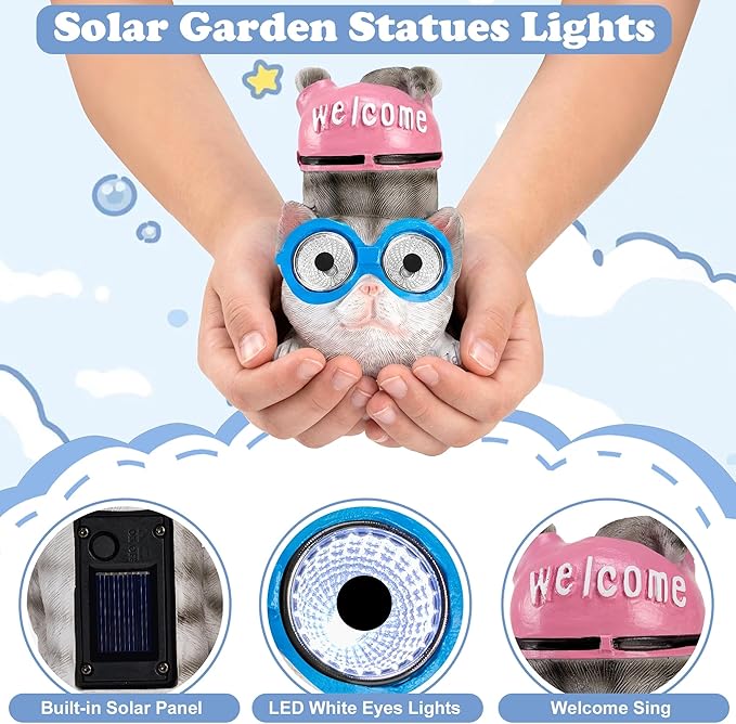 pearlstar 3 Pack Solar Lights Outdoor Garden Statues Resin Animal with Welcome Sign, Mothers Day Gifts for Mom Grandma, Cat Dog Pig Solar Figurines LED Lights Waterproof Outside Decor for Patio Yard