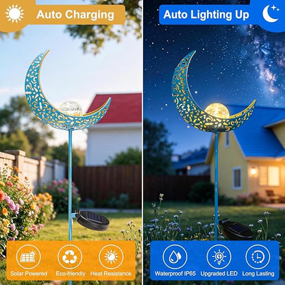 Homeimpro Moon Solar Garden Lights Outdoor Stakes, Waterproof Crackle Glass Metal Yard Lights for Lawn, Patio Accessories, Backyard Decor, Birthday Gifts for Mom