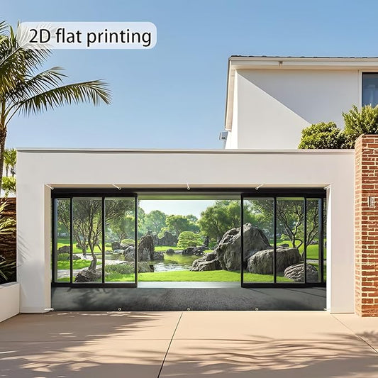 Garage door banner cover, 6x13 ft Spring Japanese Garden Backdrop, Courtyard Background Decoration Photo Banner (Japanese Garden)