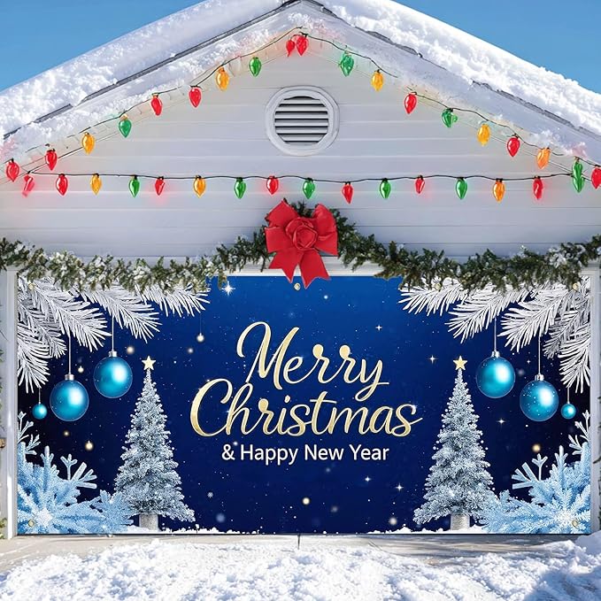 IVN Christmas Garage Door Cover Decoration 13x6ft Snowy Night Trees with Ornaments Blue Holiday Christmas Garage Door Banner Home Door Front Yard Decor for Xmas Eve Holiday Outdoor