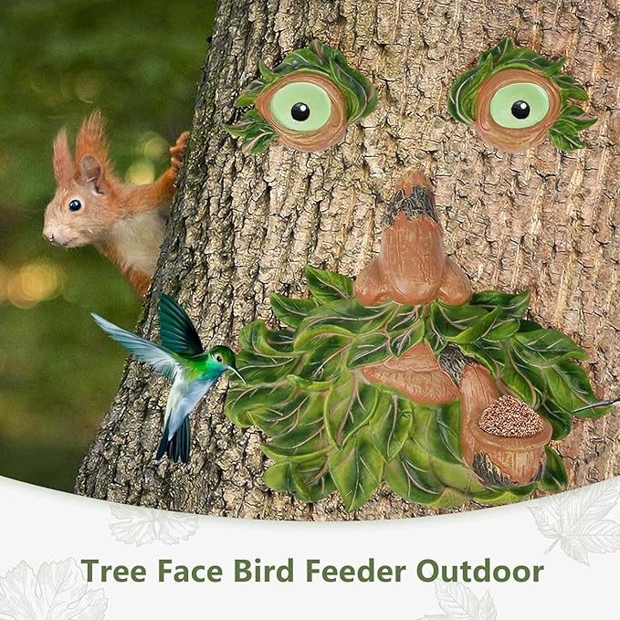 vomiceak Tree Face Decor Outdoor - Bird Feeder, Unique Old Man Tree Face Hugger Statues - Glow Eyes in Dark, Funny Garden Patio Art Statue Decor