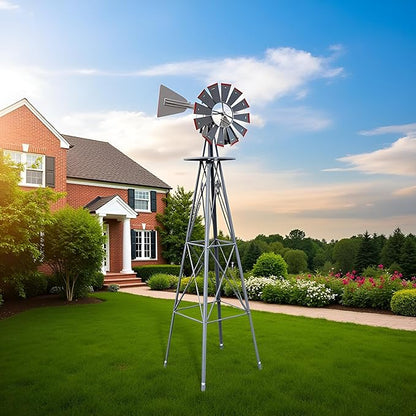 Metal Windmill for Garden Yard Decor, 8ft Tall Windmill Pinwheels Outdoor with Spinning Blades, Weather Vanes Lawn Ornaments, Weather-Resistant, Grey
